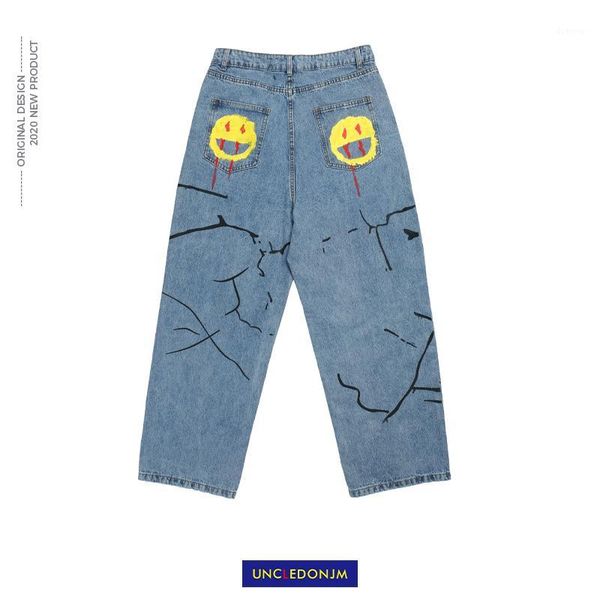 

uncledonjm cartoon graffiti jeans men ins street hip-hop popular brand loose wide leg pants denim trousers mens jeans ad-20391, Blue