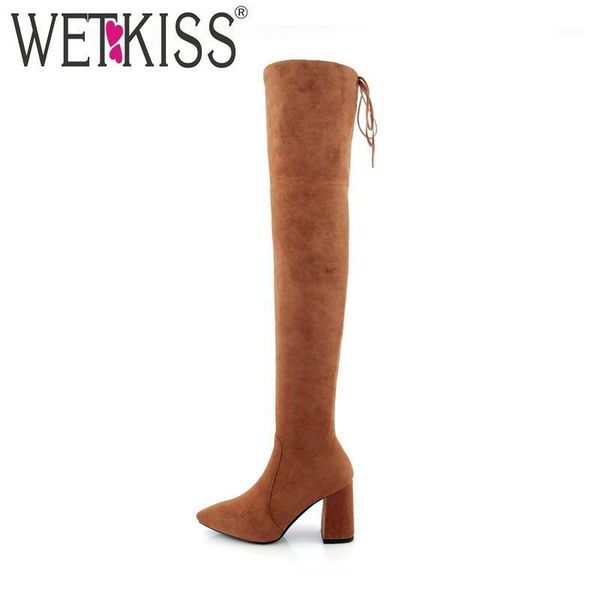 

wetkiss winter thick high heels lady stretch boot elastic women warm footwear pointed toe femsle shoes suede over knee boot1, Black