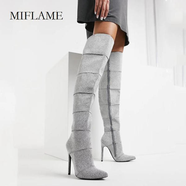 

silver long stiletto boots women new embellished design over the knee high boots winter pointed toe party thigh high heels1, Black