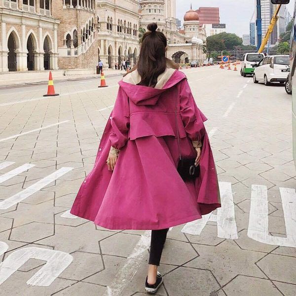 

women 2020 spring autumn new fashion trench coat female outerwear with a hood casual loose solid color ladies windbreaker l191, Tan;black