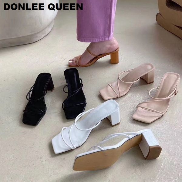 

2020 fashion square toe slippers women high heel sandals slip on open toe slides casual outdoor slipper narrow band sandal shoes x1020, Black