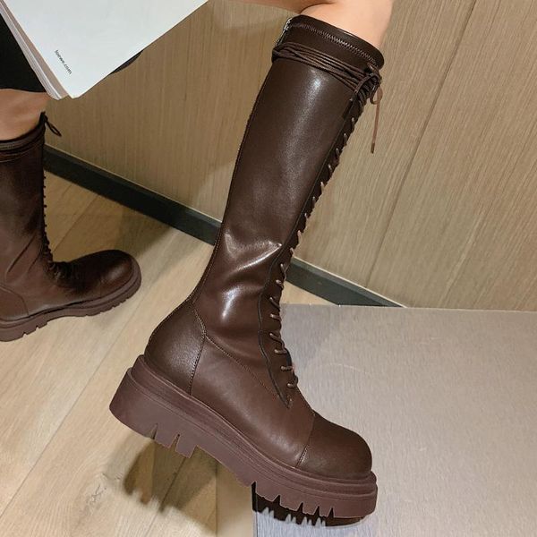 

boots women round head chunky tick heels knee high lace-up fall winter fashion cross-tied black dark brown shoes 2021