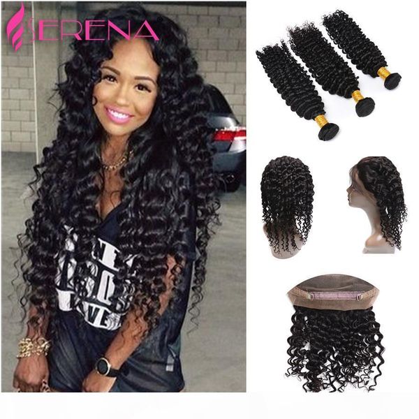 

pre plucked 360 lace frontal with bundles malaysian deep wave curly hair with 360 frontal closure,virgin human hair with frontal, Black;brown