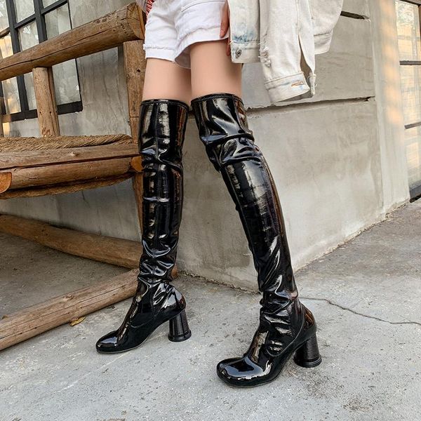 

boots shiny black leather thigh high round toe block heel slim fit party shoes women