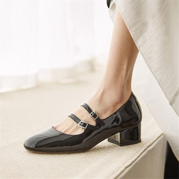 

pxelena new noble full genuine patent leather mary janes shoes lady buckle strap shallow chunky med heels square toe dress pumps, Black