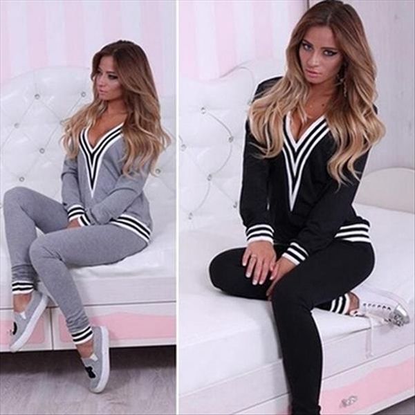 

women fashion v neck sweatshirt set pants casual sportsuit tracksuit outfitfemmes camisa chemise camicia mujer clothes, Gray