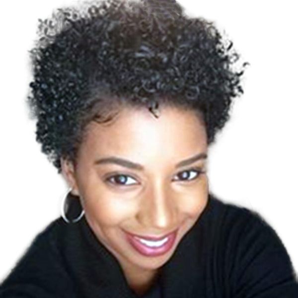 

afro kinky curly pixie cut wig human hair transparent none lace front wigs, Black;brown