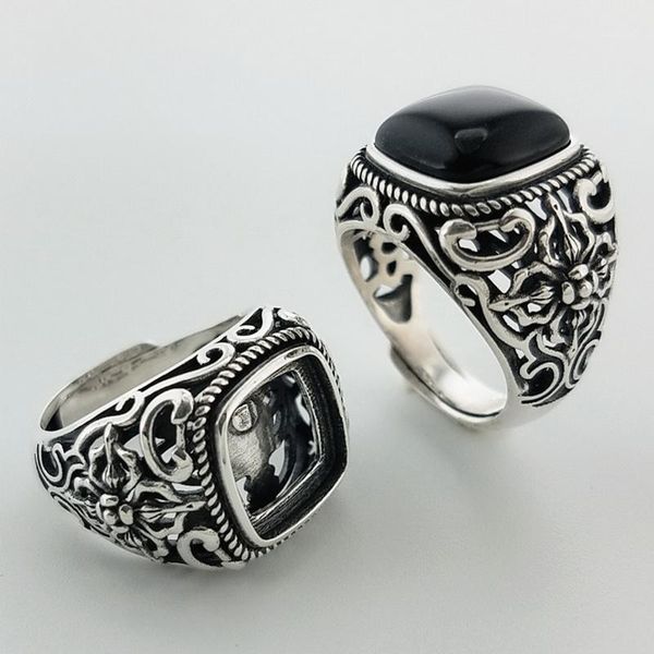 

cluster rings natural black onyx oval stone solid silver 925 men wide band real sterling thai cool mens jewelry gifts1, Golden;silver