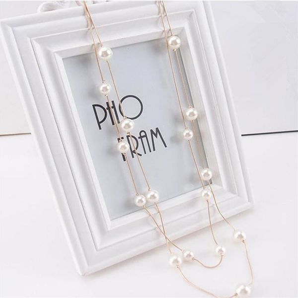

chains south korea multi-storey elegant sweater chain jewelry double-layer imitation pearl long necklace wholesale, Silver