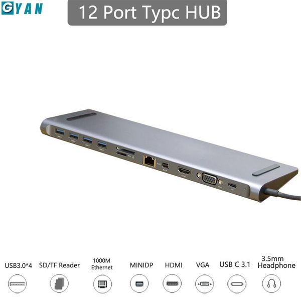

type c docking station 12 in 1 aluminum to hdmi card reader rj45 pd for charger audio usb c hub