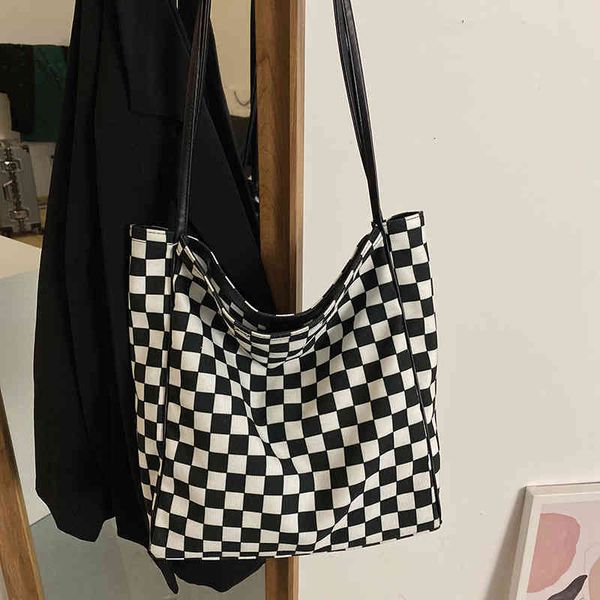 

bags handbags large capacity autumn and winter minority checkerboard single shoulder women's 2021 fashion leisure canvas shopping, Black;red