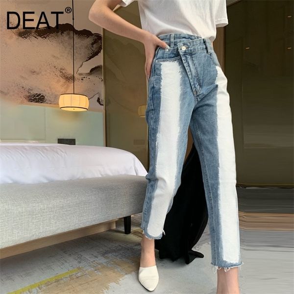 

[deat] 2020 new fashion trousers high waisted women's jeans denim straight color block side button design fit leisure wild lj201029, Blue