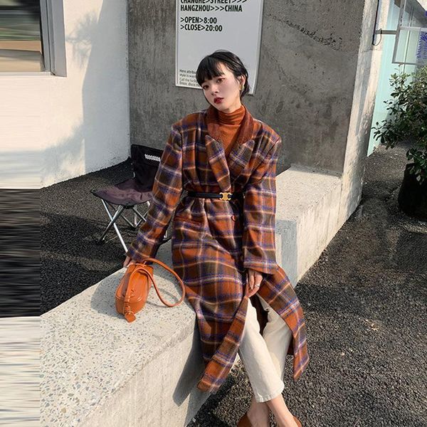 

junerain plaid woolen coat women single breasted loose vintage long belted trench overcoat winter elegant korean windbreaker1, Black