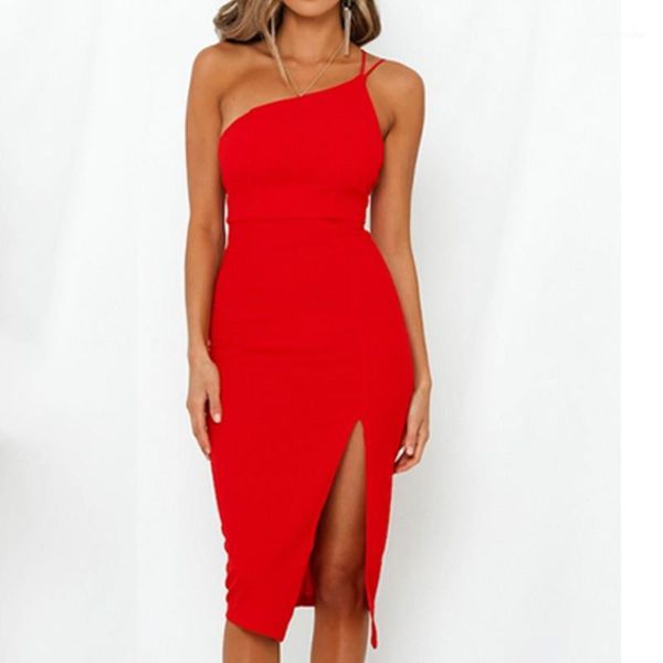 

evening party dress vestidos women backless one shoulder split bodycon strap christmas red dresses 2020 new arrivarls1, Black;gray