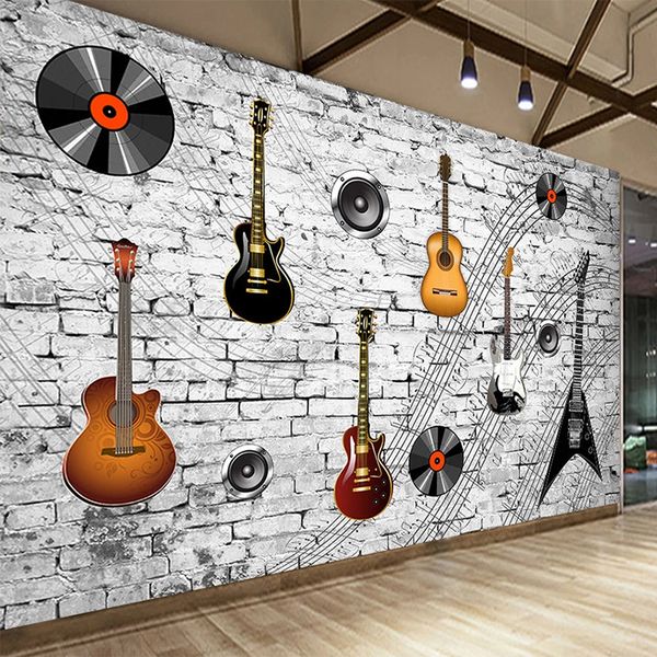 Papel de parede do Mural 3D Nostalgic Brick Wall Personalidade Guitar Music Elemento Símbolo Bar Tooling Fundo da parede Papers Fresco