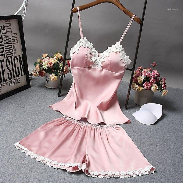 

women silk sleepwear sleeveless strap nightwear summer lace trim satin shorts pajama sets femme lingerie pyjamas women1, Black;red