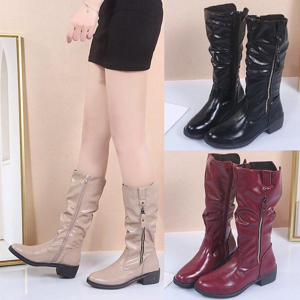 

boots plus size women's shoes 2021 autumn and winter european american mid-tube double zipper knight women, Black