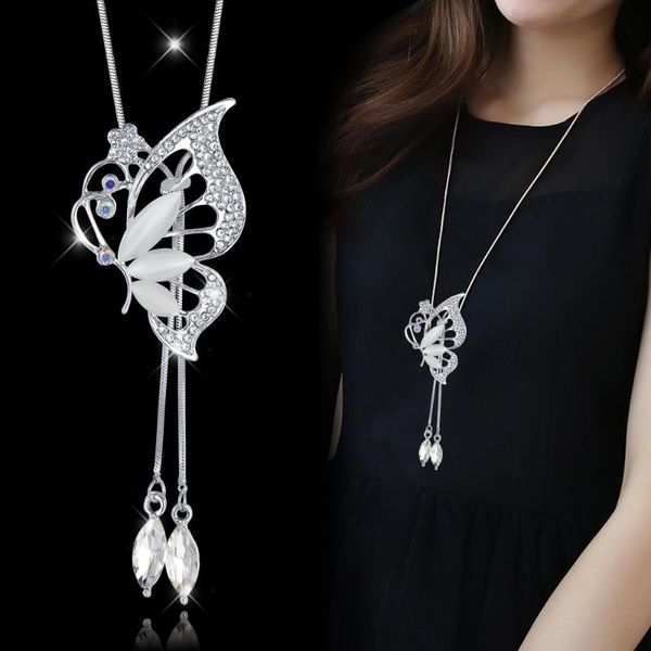 

fashion opal butterfly necklaces & pendants for women trendy long necklace collier femme vintage female silver chain jewelry