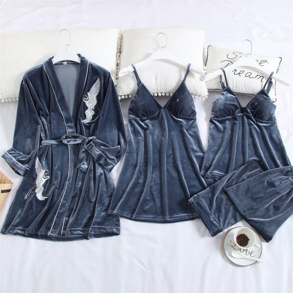 

crane embroidery gold veet 4 pieces warm winter sets women lace robe pajamas sleepwear kit sleeveless nightwear, Black;white