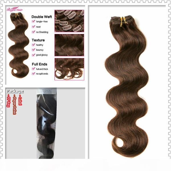 

grade 9a brown color clip in human hair 70g 100g 140g 160g 180g 7 8 10pcs brazilian body wave clip in hair extensions, Black