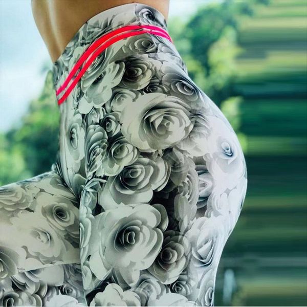 

slim fit 3d белая роза печать леггинсы для фитнеса женские легинс подталкивает леггинсы высокие накаливания на пояс на длине талии движения, Black