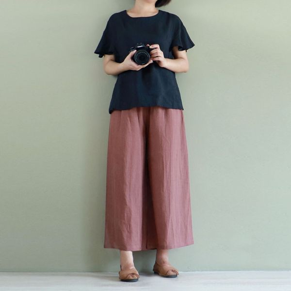 

2020 new ramie t-shirtflax asual and opcoatartistic style shirtwomen's versatile loose solid color 2020 new ramie t-shirtflax to, White