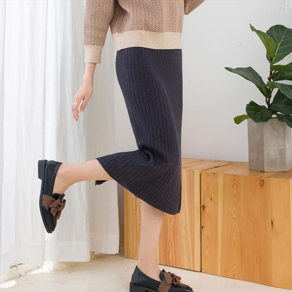 

elegant midi pencil skirts high waist stretch band ribbed knitted skirt women winter thick warm split pleated skirt, Black