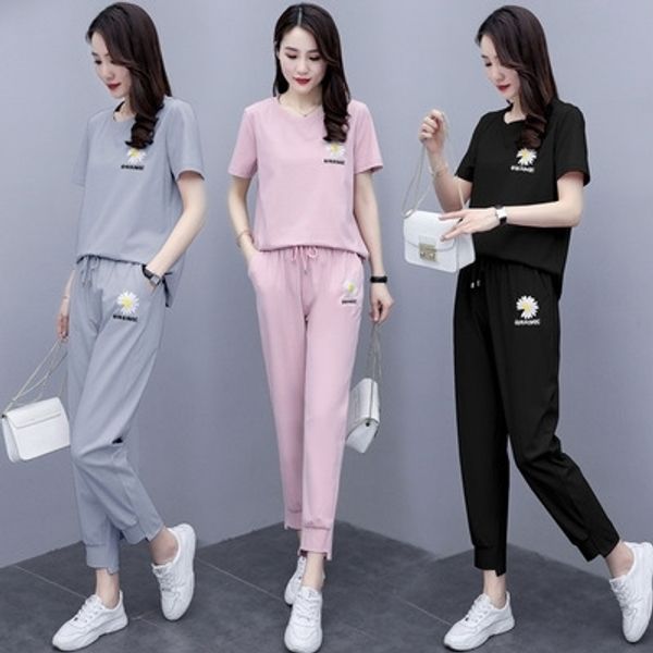 

5nj0v leisure sports show women fashion sportswear summer sportswear suit thin short sleeve small daisy fashion two piece pants wsjp9, Gray