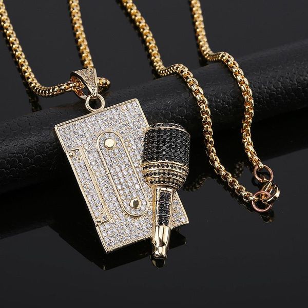 

pendant necklaces punk bling cubic zircon microphone pendent necklace classic hip hop iced out rock jewelry for men, Silver