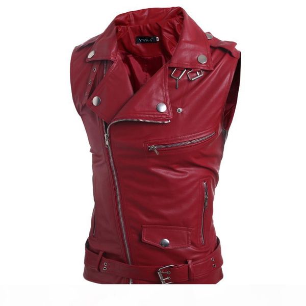 

new mens leather motorcycle vest mens leather vest red waistcoat steampunk rock slim zipper sleeveless jacke, Black;white