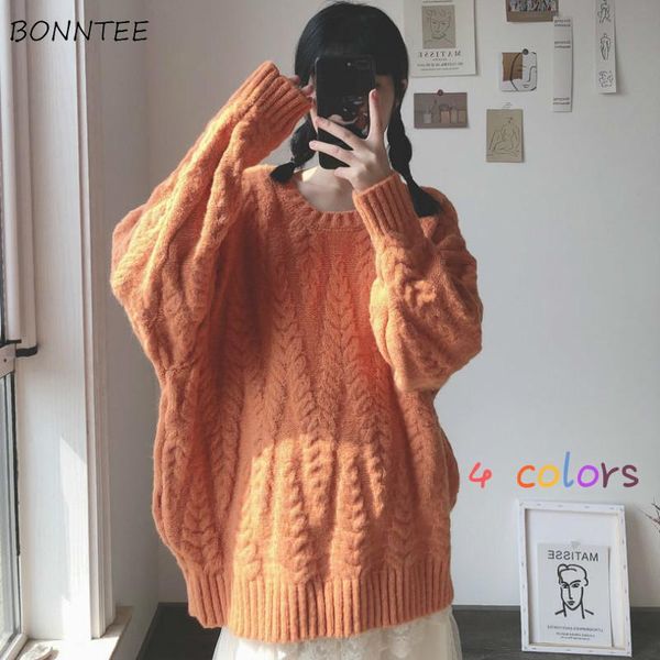 

women's sweaters womens japanese style loose kawaii solid casual lazy all-match tender pullovers knitting female long sleeve o-neck, White;black