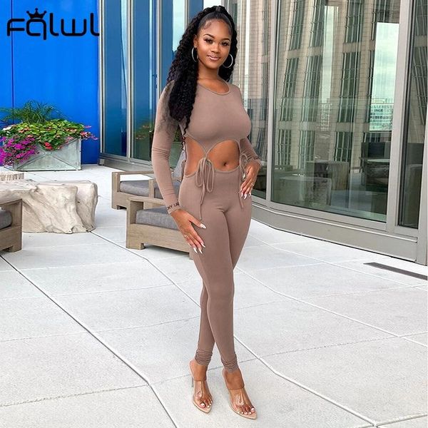 

women's jumpsuits & rompers fqlw hollow out bandage one piece outfits romper women lucky label jumpsuit female fall 2021 long sleeve bo, Black;white