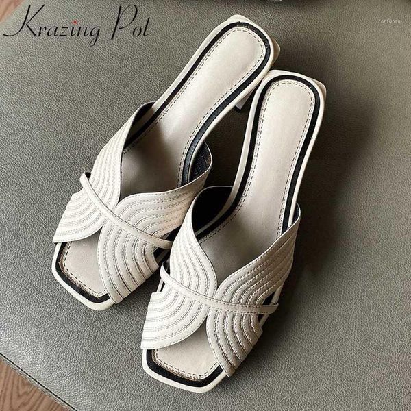 

krazing pot 2020 summer special design peep toe med heel outside slipper young lady daily wear slip on fashion shoes women l491, Black