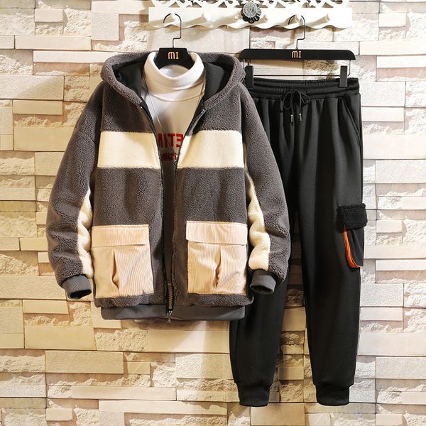 

2021 Winter Male Hoodies Hip Ensemble Thick Sweatshirt with Man Hoodie Shredded Wool -4xl Jacket Pants NNKO, Gray