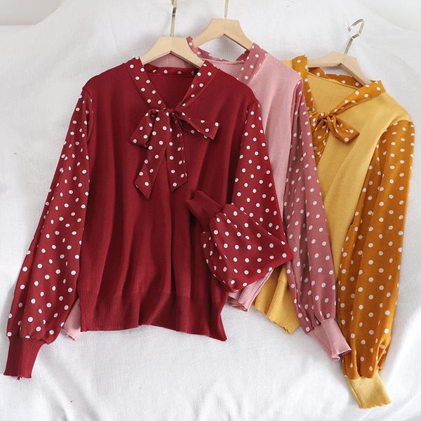

spring autumn bow collar polka dot blouse women black/white/red loose shirt sweet female long sleeve pullover new fashion 2020