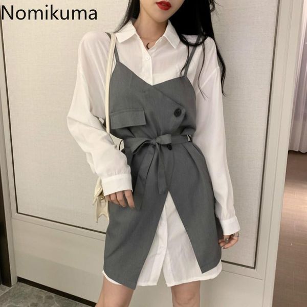 

nomikuma high street women two piece set long sleeve single breasted mini dress slim waist irregular camisole dresses outfits, Gray