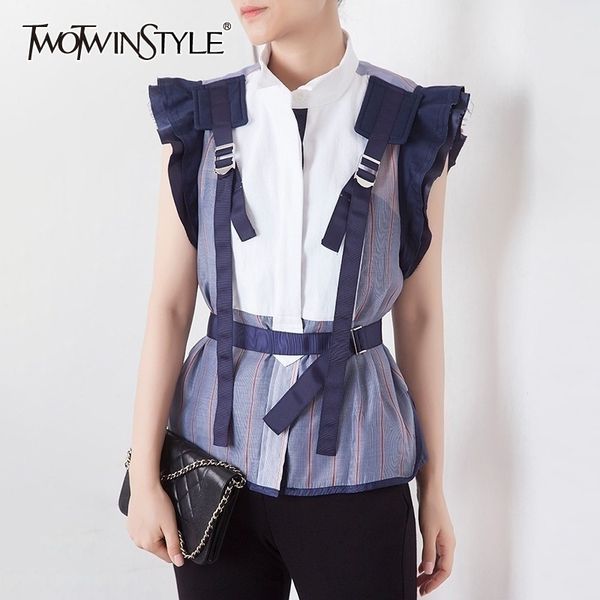 

twotwinstyle striped hit color patchwork women blouse stand collar sleeveless ruffles tunic shirt female fashion summer y200422, White