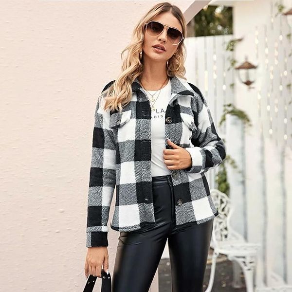 

long sleeve plaid coat women spring autumn turn-down collar single breasted slim fit feminino casual work elegant jackets1, Black