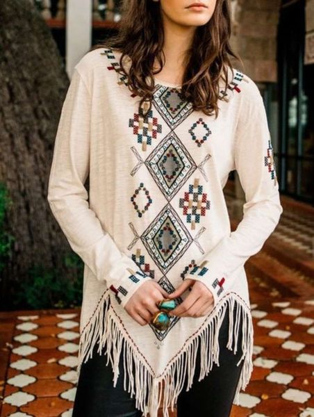 

2019 women's round neck fashion print + tassel t-shirt, Black;gray