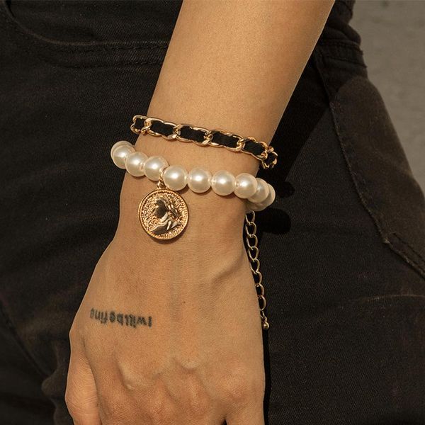 

diezi vintage multilayer black velvet chain pearl bracelet sets women fashion carved coin human head charm bracelet jewelry