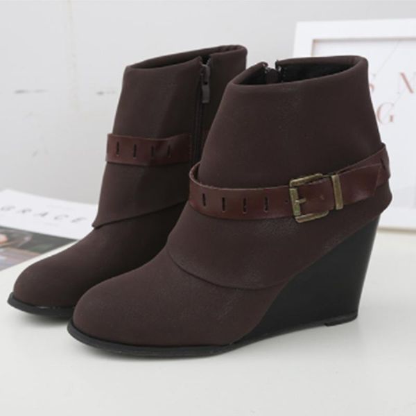 

women wedges ankle boots women's fashion zipper belt buckle shoe 2020 autumn winter boots plus size 43 woman flock lady footwear, Black