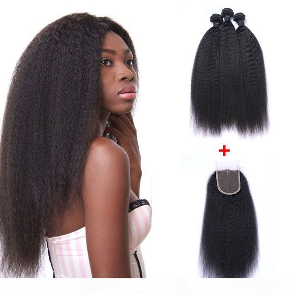 

brazilian kinky straight human virgin hair weaves with 4x4 lace closure bleached knots natural black color double wefts hair extensions, Black;brown
