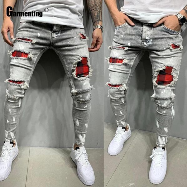 

men's jeans garmenting mens skinny demin pants male fashion patchwork hole ripped streetwear frayed bottom trousers, Blue