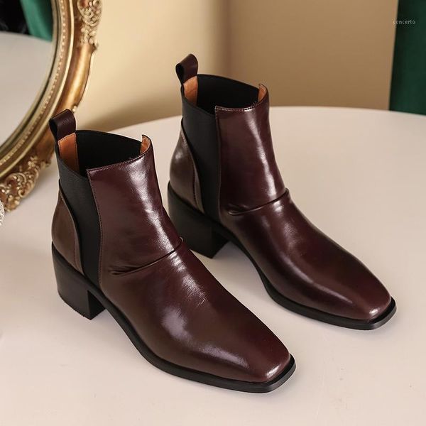 

genuine leather women's ankle boots square toe thick high heels women pumps party casual basic shoes woman1, Black