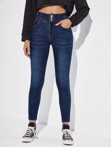 

buttoned waist skinny jeans 37gz#, Blue