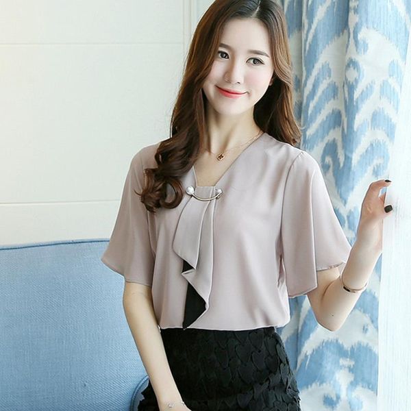 

new flare sleeve v-neck work wear shirts elegant lady blouses casual solid color blusas women chiffon blouse, White