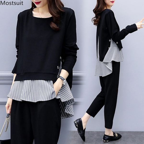 

black two piece set women striped splicing long sleeve and harem pants sets casual office korean ladies suits y200110, White