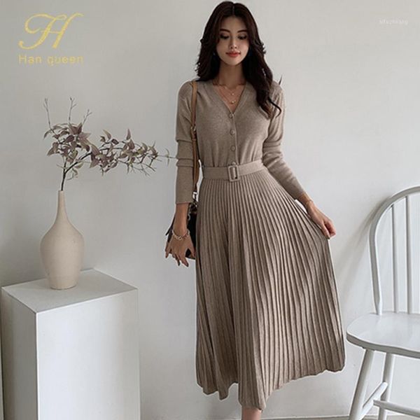 

h han queen winter pleated dresses korean single-breasted v-neck women knitted dress elegant long sleeve simple office vestidos1, Black;gray