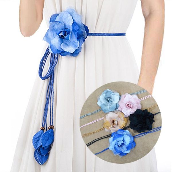 

casual style wild chiffon flower thin belt sweet tassel braid decoration elegant handmade flower fine womens dress belt, Black;brown