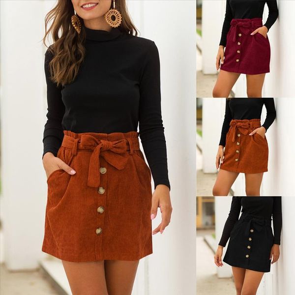 

new bow skirts womens fashion corduroy hight waist pocket button bow skirt elastic short skirt faldas mujer moda 2019#guahao, Black